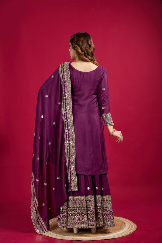 Elegant Embroidery Sequence Work Wine Color Sharara Suit