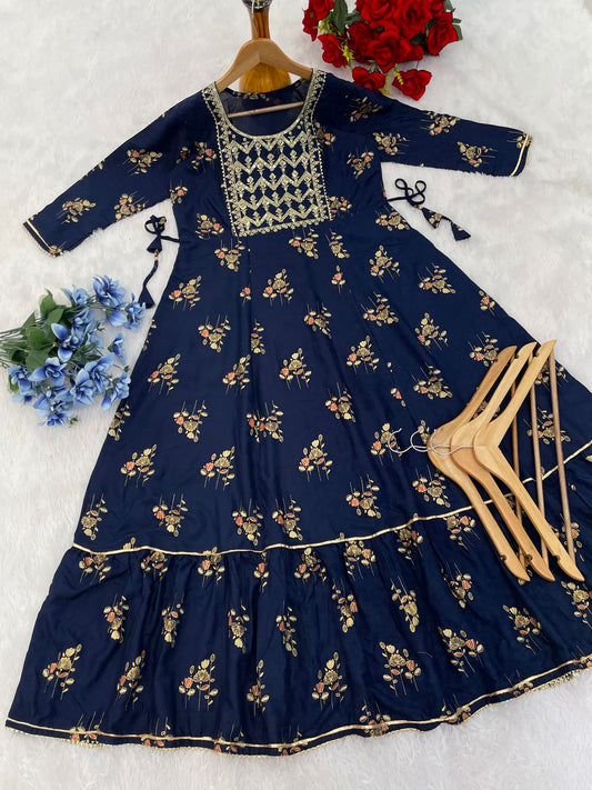 Good Looking Reyon Navy Blue Color Gown