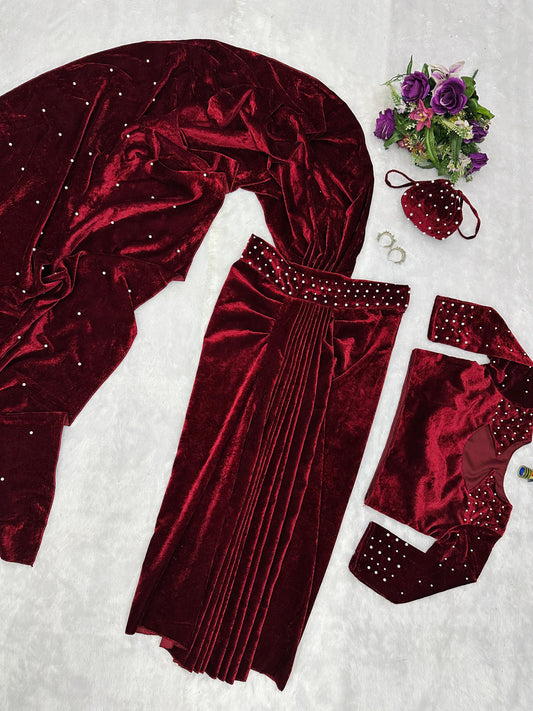 Party Wear Red Color Moti Work Lehenga Saree