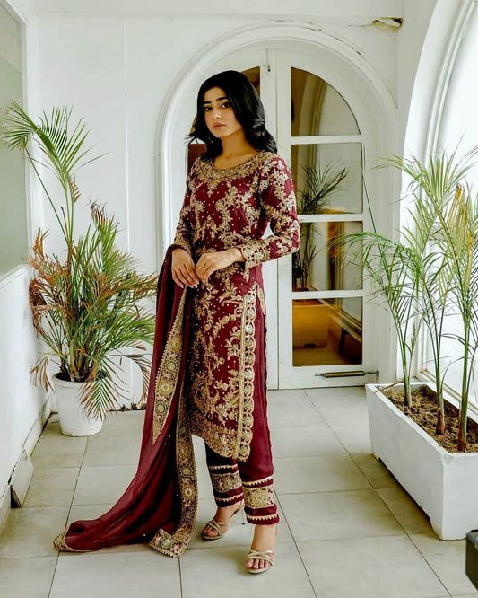 Graceful Chinnon Silk Maroon Color Palazzo Suit