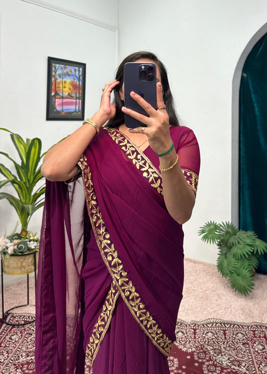 Good Looking Embroidery Work Wine Color Saree Gown