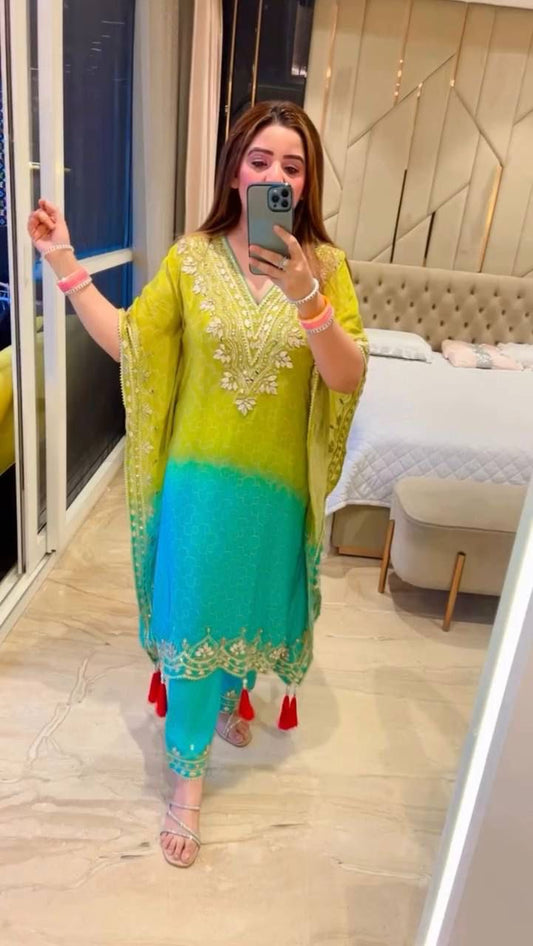 Preferable Chinon Embroidered Work Lemon Multi Color Kaftani Dress