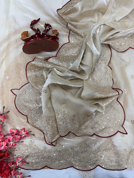 Zari Embroidery Work Beige Color Gorgeous Saree