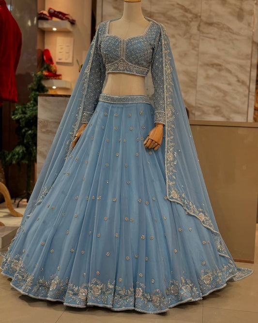 Opulent Gorgette Sky Blue Color Lehenga choli