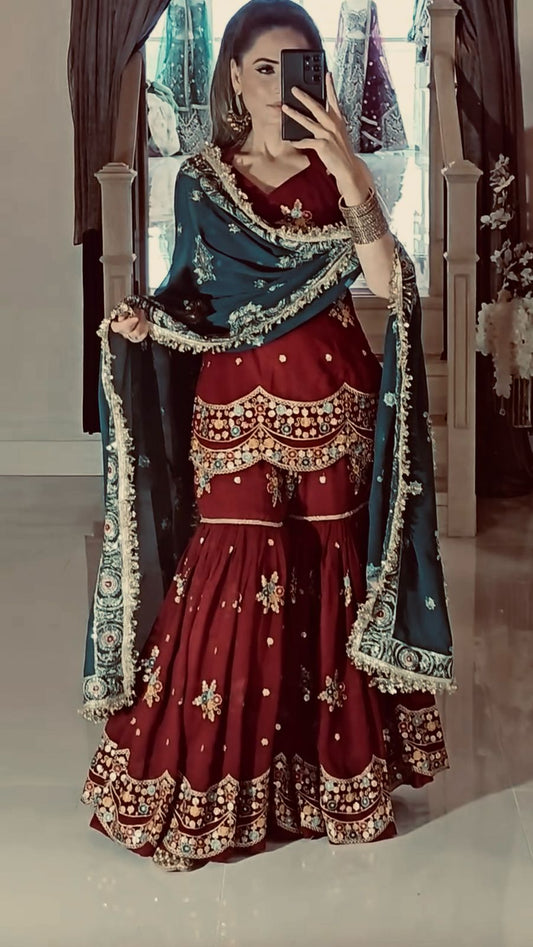 Mesmerizing Maroon Color Sharara Suit With Dupatta
