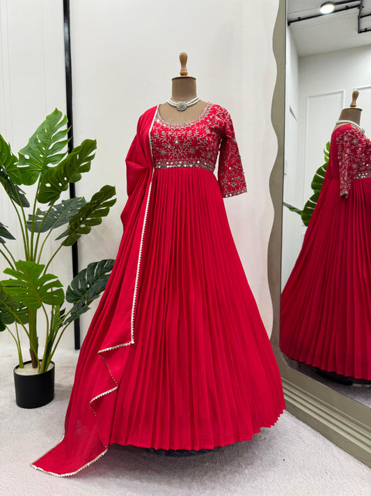 Awesome Real Mirror Work Red Color Gown