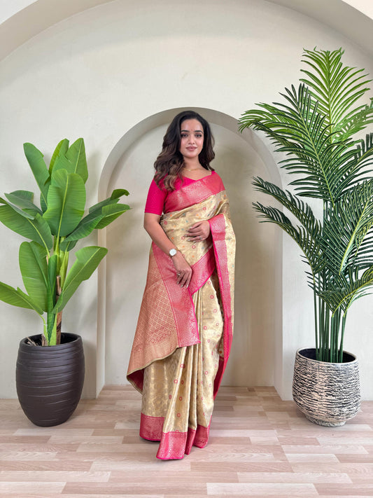 Designer Silk Zari Weaving Beige Color Saree