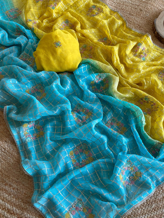 Glimmering Viscose Chiffon Sky Blue & Yellow Color Saree
