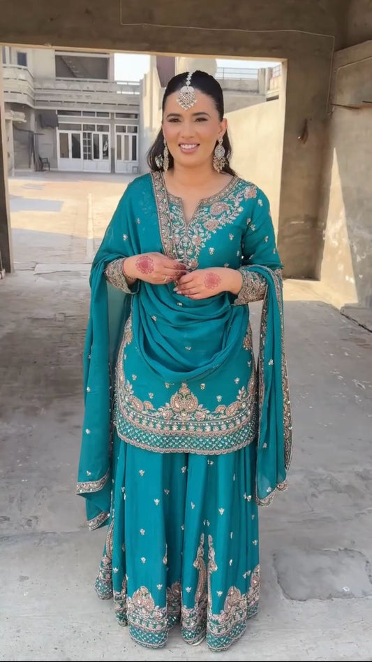 Wonderful Chinon Silk Teal Blue Color Palazzo Suit