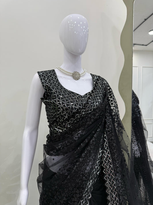Glimmering Soft Net Sequence Work Black Color Saree