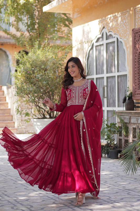 Awesome Embroidery Pearl Work Maroon Color Gown