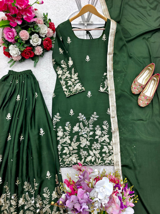 Wonderful Embroidery Work Green Color Sharara Suit