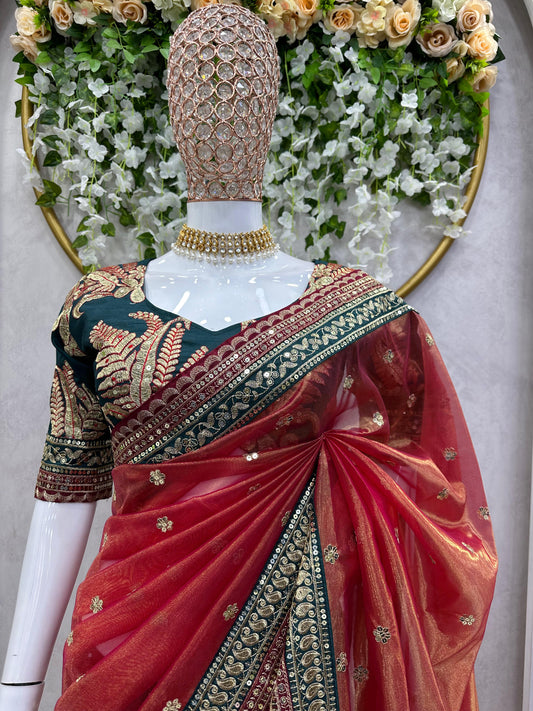 Occasion Wear Twill Net Orange Color Saree