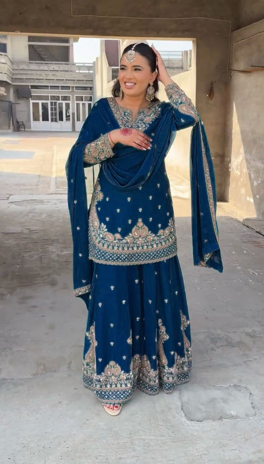 Wonderful Chinon Silk Navy Blue Color Palazzo Suit