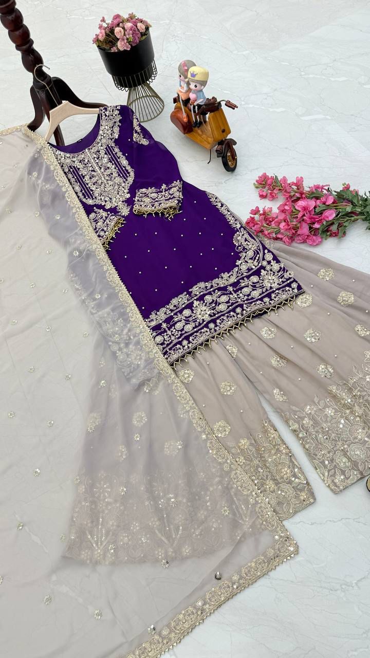 Glimmering Georgette Purple Color Sharara Suit