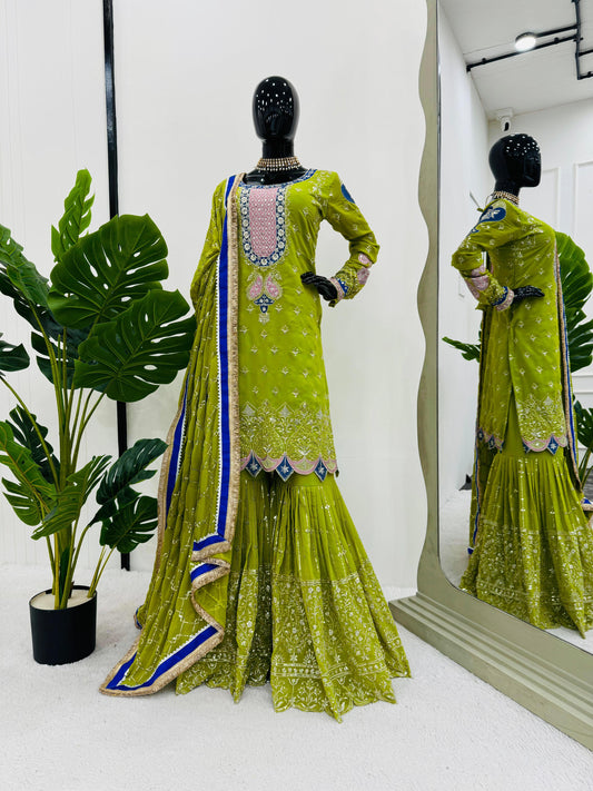 Thread with Sequence Work Green Color Sharara suit
