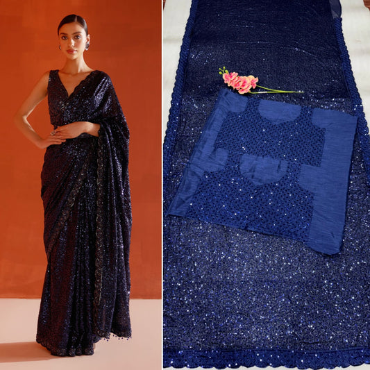 Adorable Georgette Sequence Work Blue Color Saree