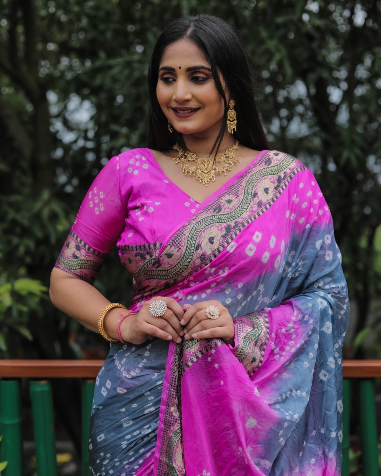 Bandhej With Zari Weaving Border Grey And Pink Saree