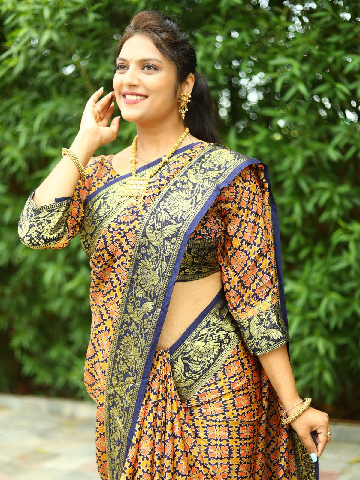 Beautiful Light Pink With Navy Blue Ajrakh Zari Weaving Saree