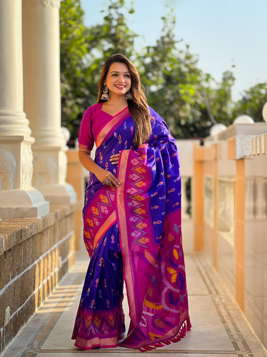 Navy Blue Color Patola Weaving Border Silk Saree