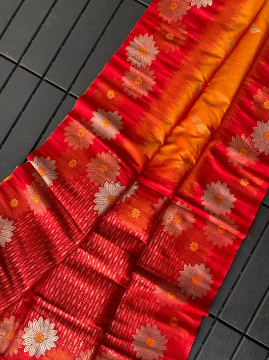 Lovely Floral Zari Weaving Border Orange Color Silk Saree