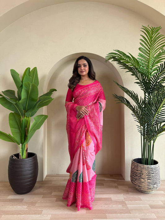 Multi Design Bandhani Print Pink Color Exclusive Saree