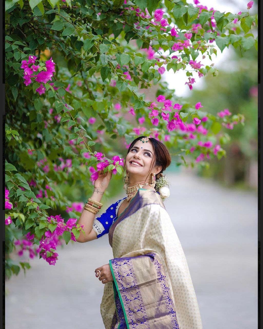 Off White and Blue Golden Work Saree