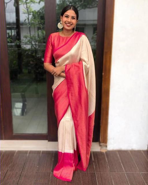 Fancy White With Pink Color Coper Jari Design Silk Saree