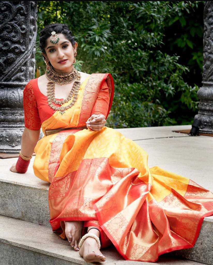 Fancy Yellow With Red Color Saree