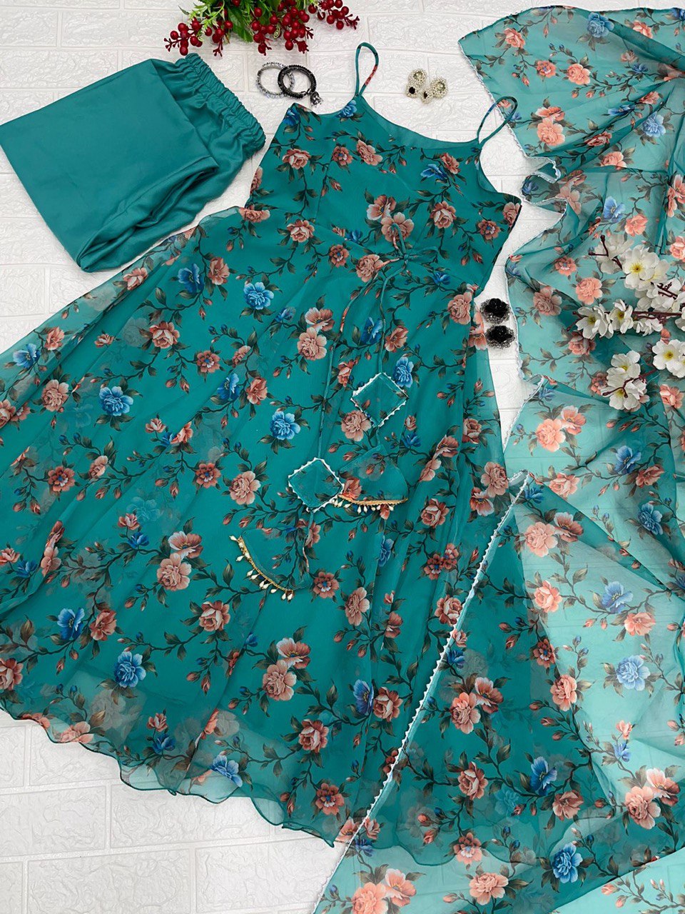 Exclusive Green Color Flower Printed Anarkali Gown