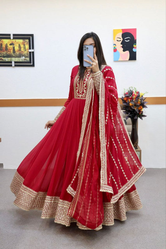 Luxuriant Red Color Embroidery Work Gown