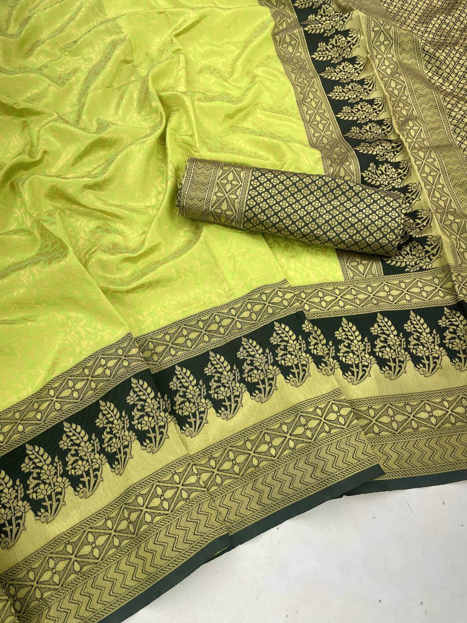 Parrot Green Color Coper Jari Work Soft Silk Saree