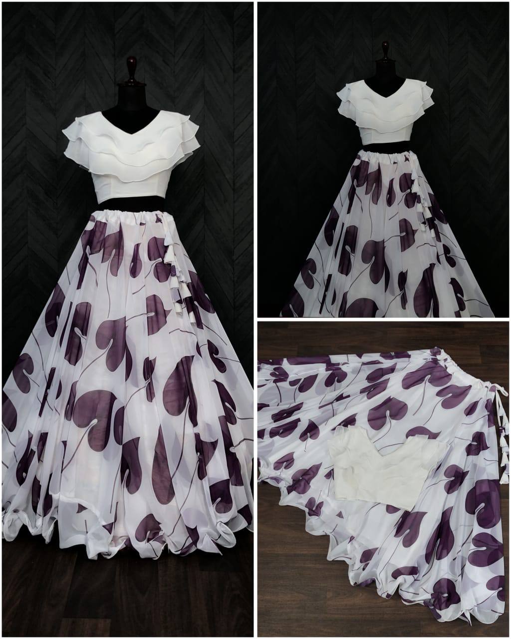 Big Leaf Purple Color Digital Print Crop Top Lehenga