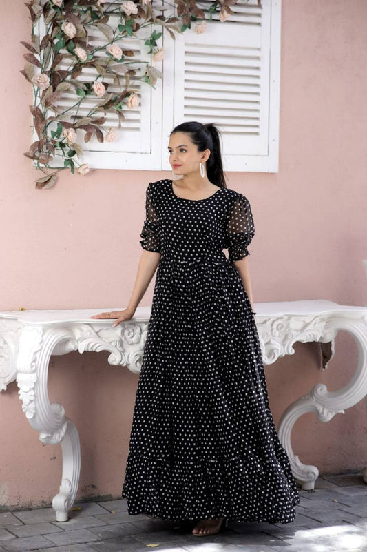 Polka Dot Print Black Color Ruffle Gown