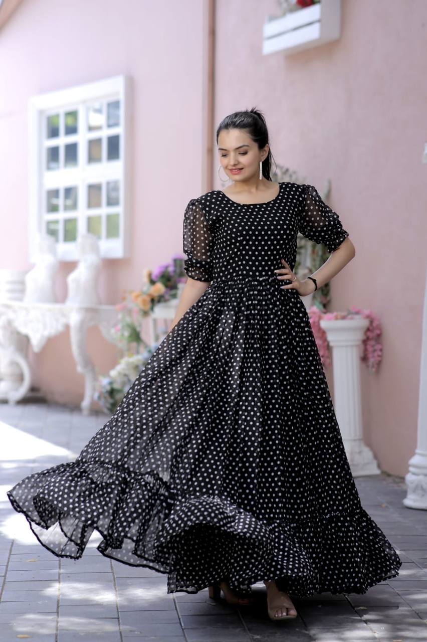 Polka Dot Print Black Color Ruffle Gown