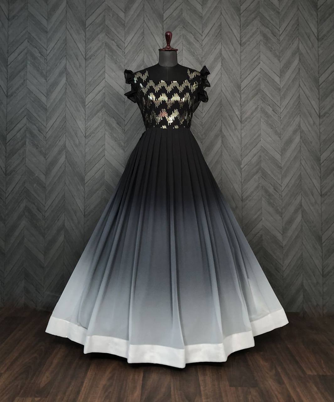 Black Color Shaded Sequence Embroidered Work Gown