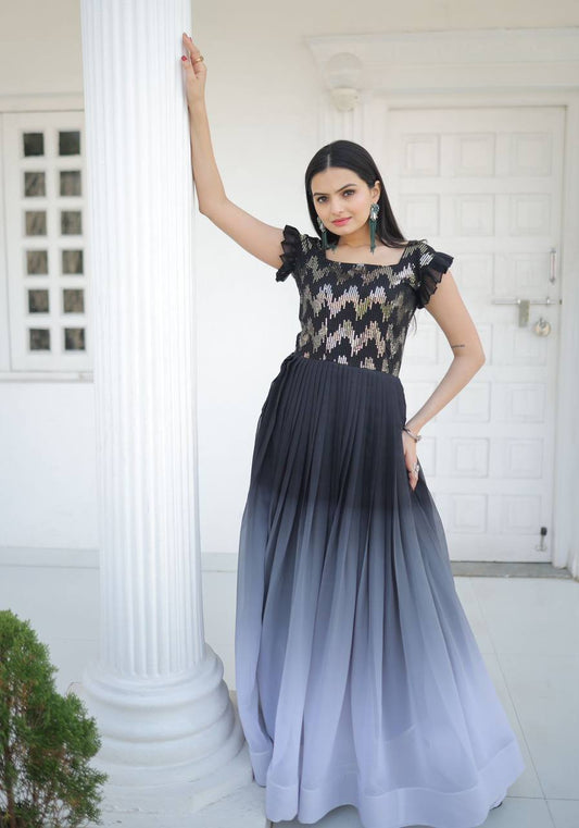 Black Color Shaded Sequence Embroidered Work Gown