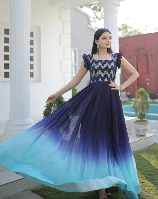 Blue Color Shaded Sequence Embroidered Work Gown