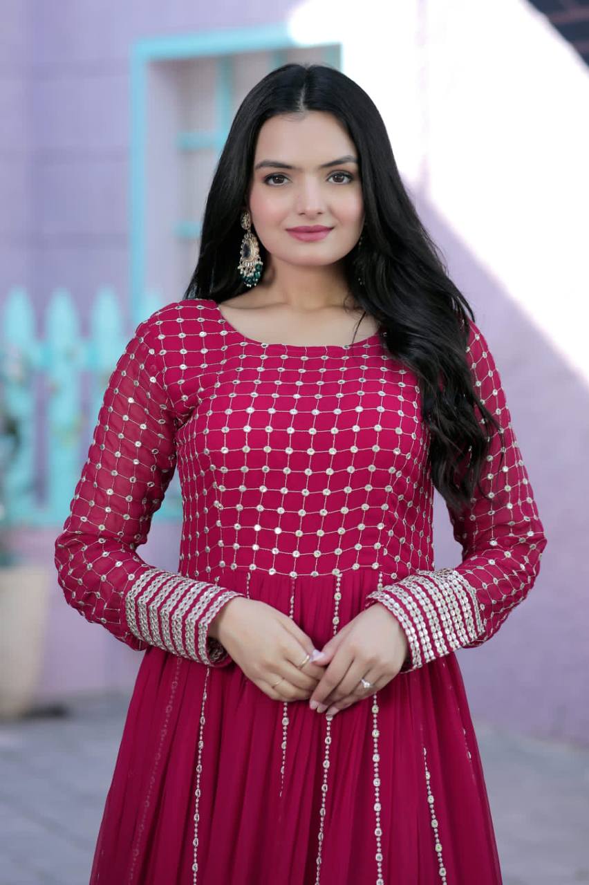 Demanding Pink Color Embroidered Work Gown