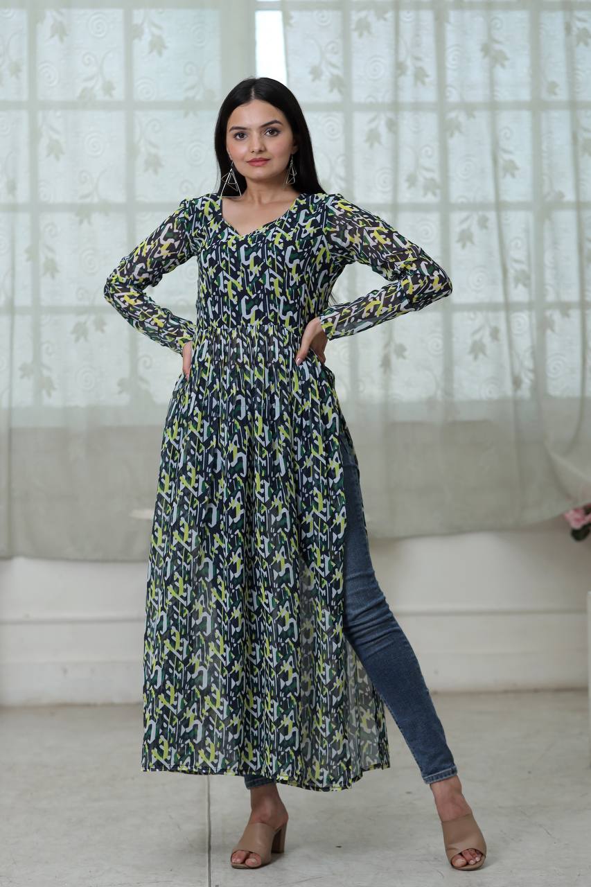 Flower Digital Print Green Color Stylish Kurti