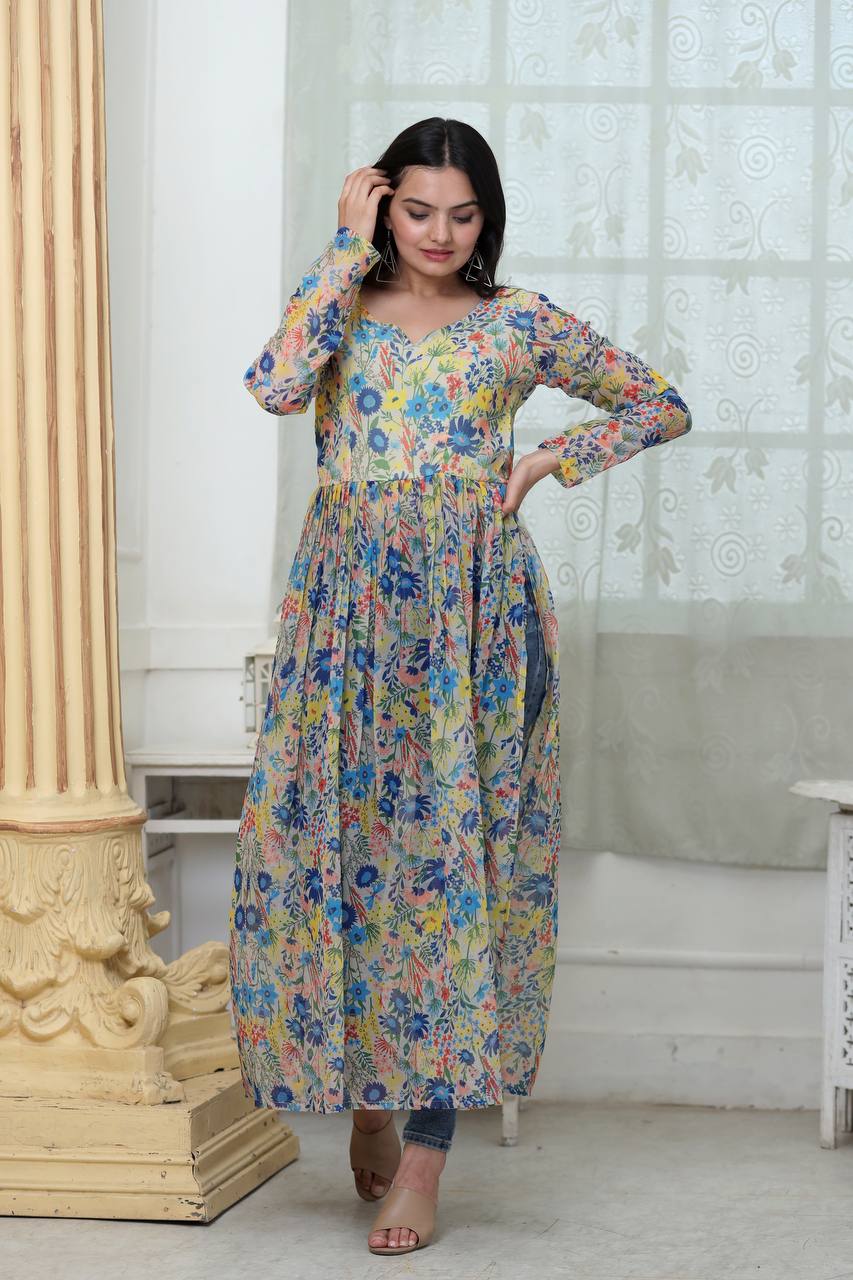 Flower Digital Print White Color Stylish Kurti