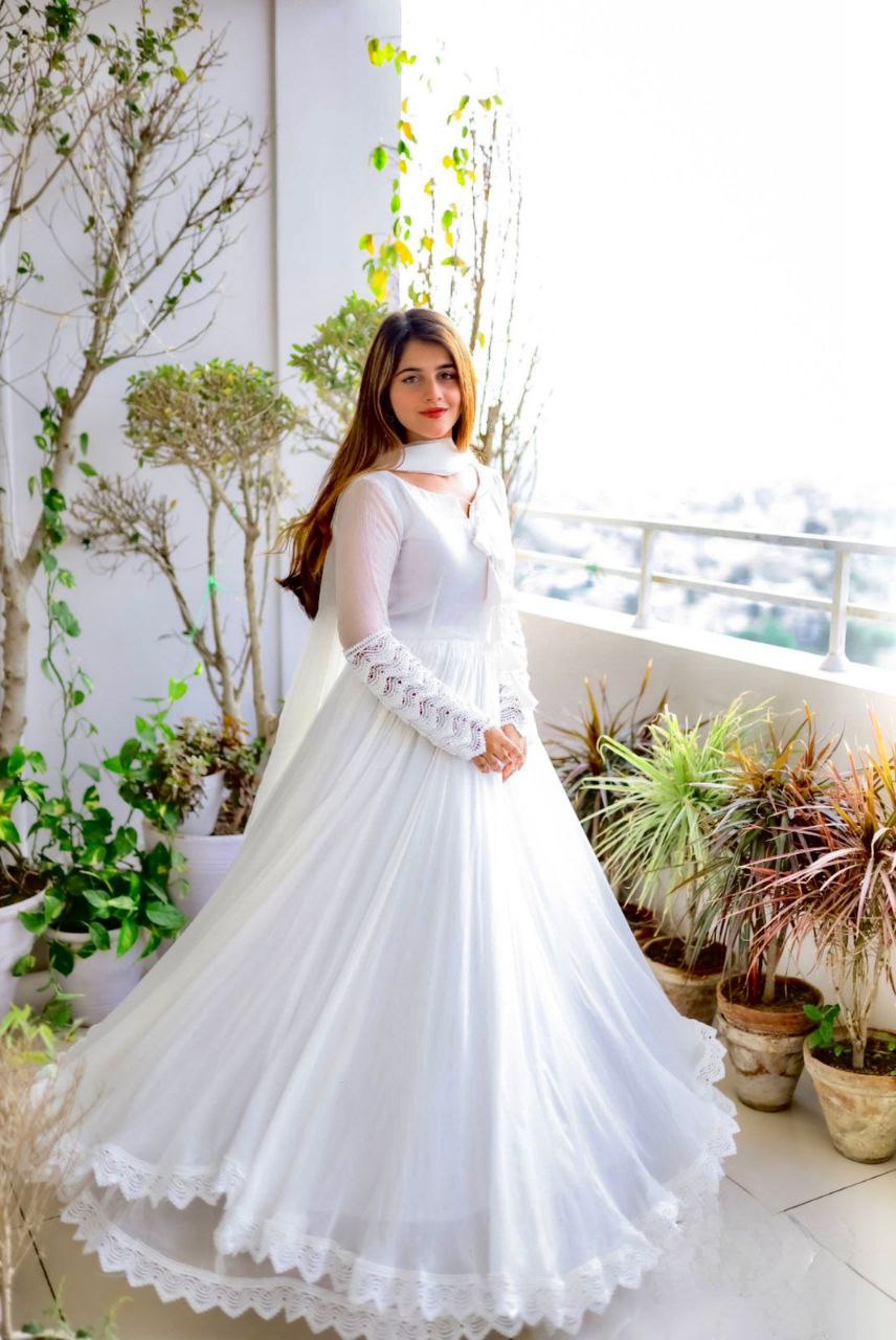 Lace Works With Tassels White Color Long Gown