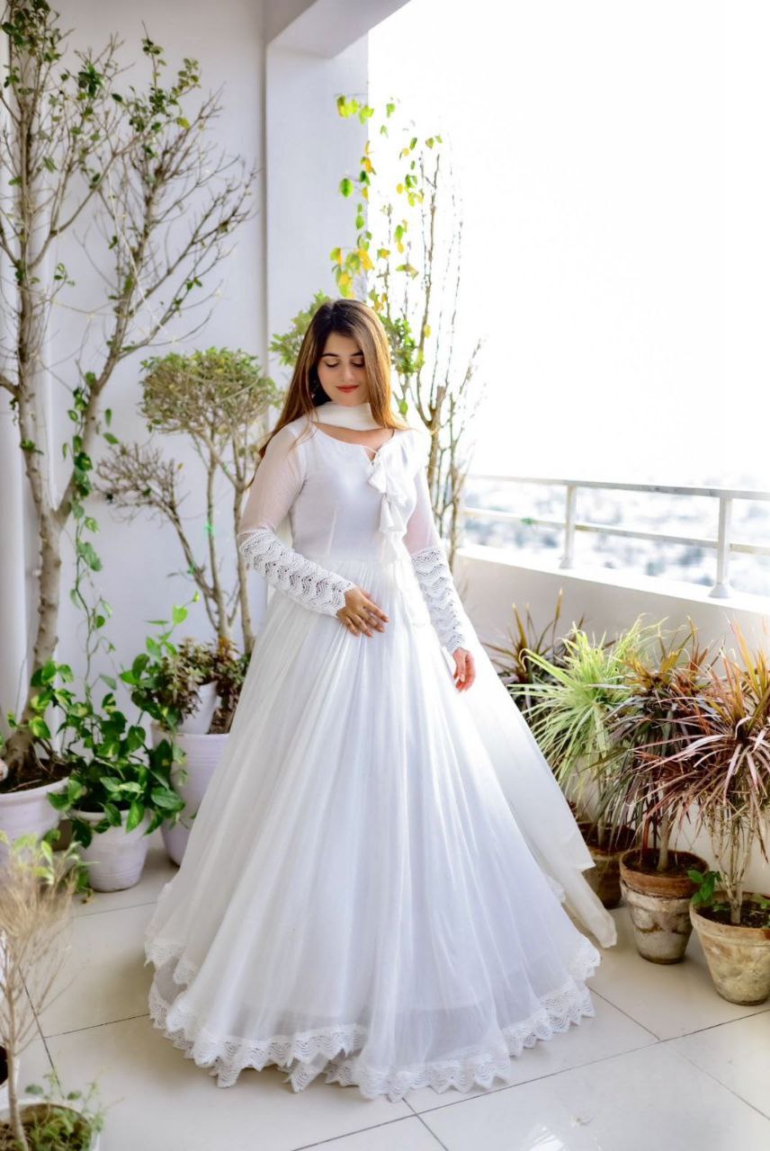Lace Works With Tassels White Color Long Gown