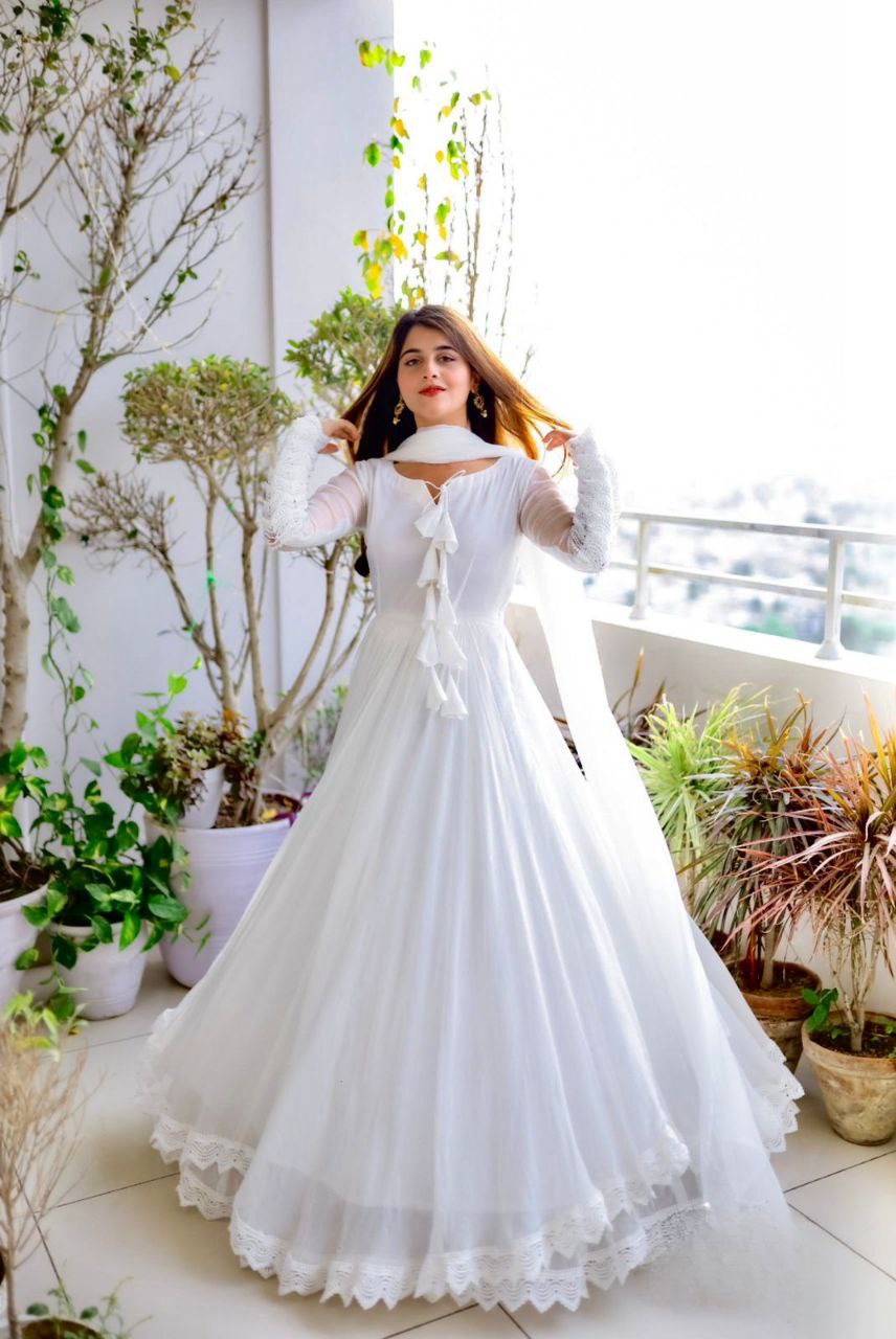 Lace Works With Tassels White Color Long Gown