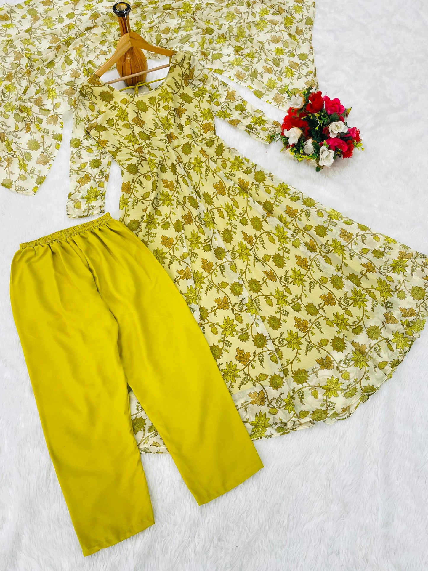 Trendy Printed Parrot Green Color Anarkali Gown