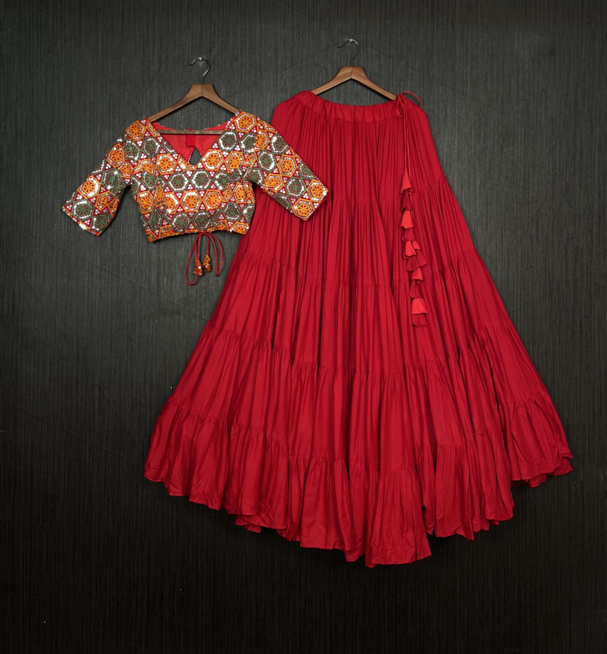 Plain Frill Pattern Red Lehenga With Traditional Thread Work Choli