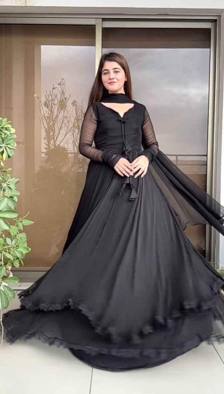 Exclusive Double Layer Plain Black Color Long Gown