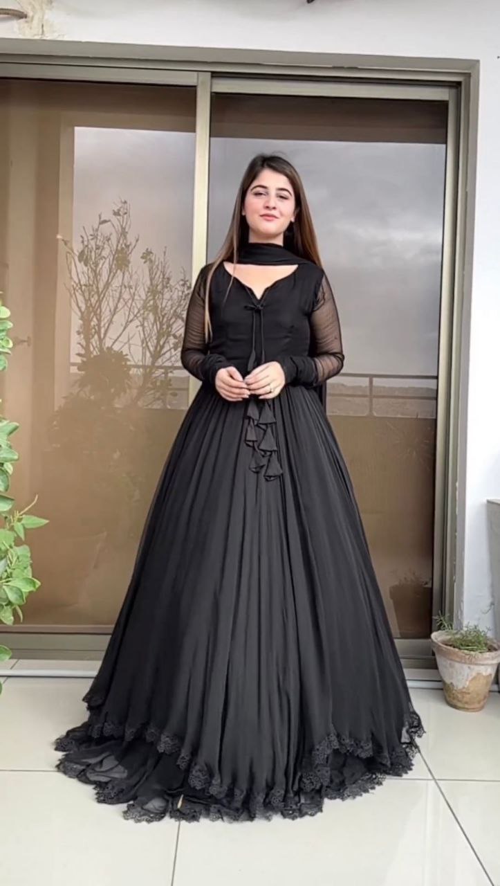 Exclusive Double Layer Plain Black Color Long Gown