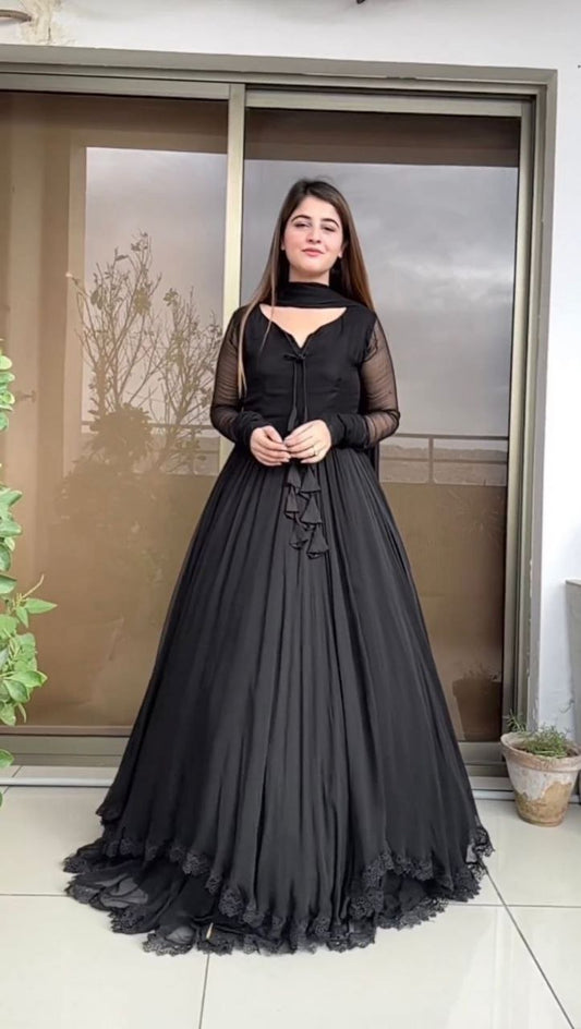 Exclusive Double Layer Plain Black Color Long Gown