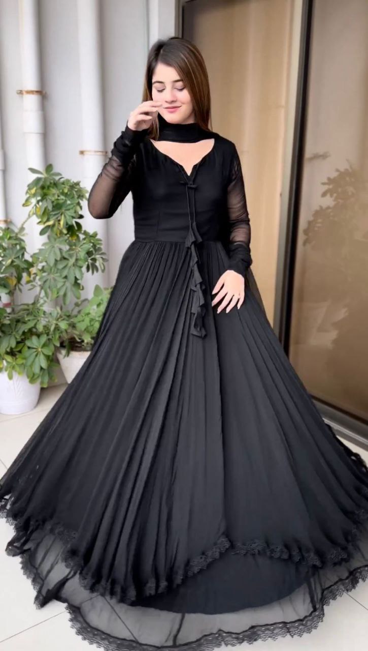 Exclusive Double Layer Plain Black Color Long Gown